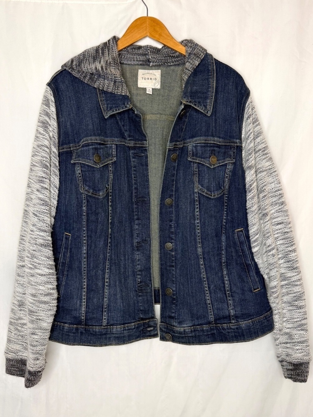 Torrid Hooded Denim Jacket Knit Sleeves 4X